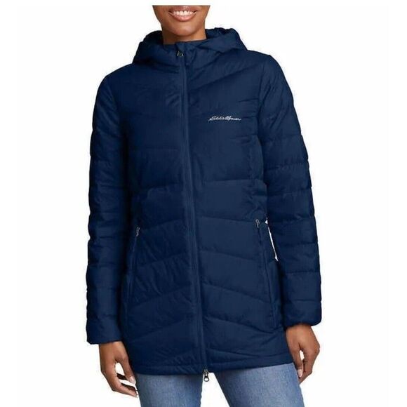 Eddie Bauer Women EB650 Down Lightweight Chevron Puff Jacket Packable S Blue NWT - Picture 1 of 6